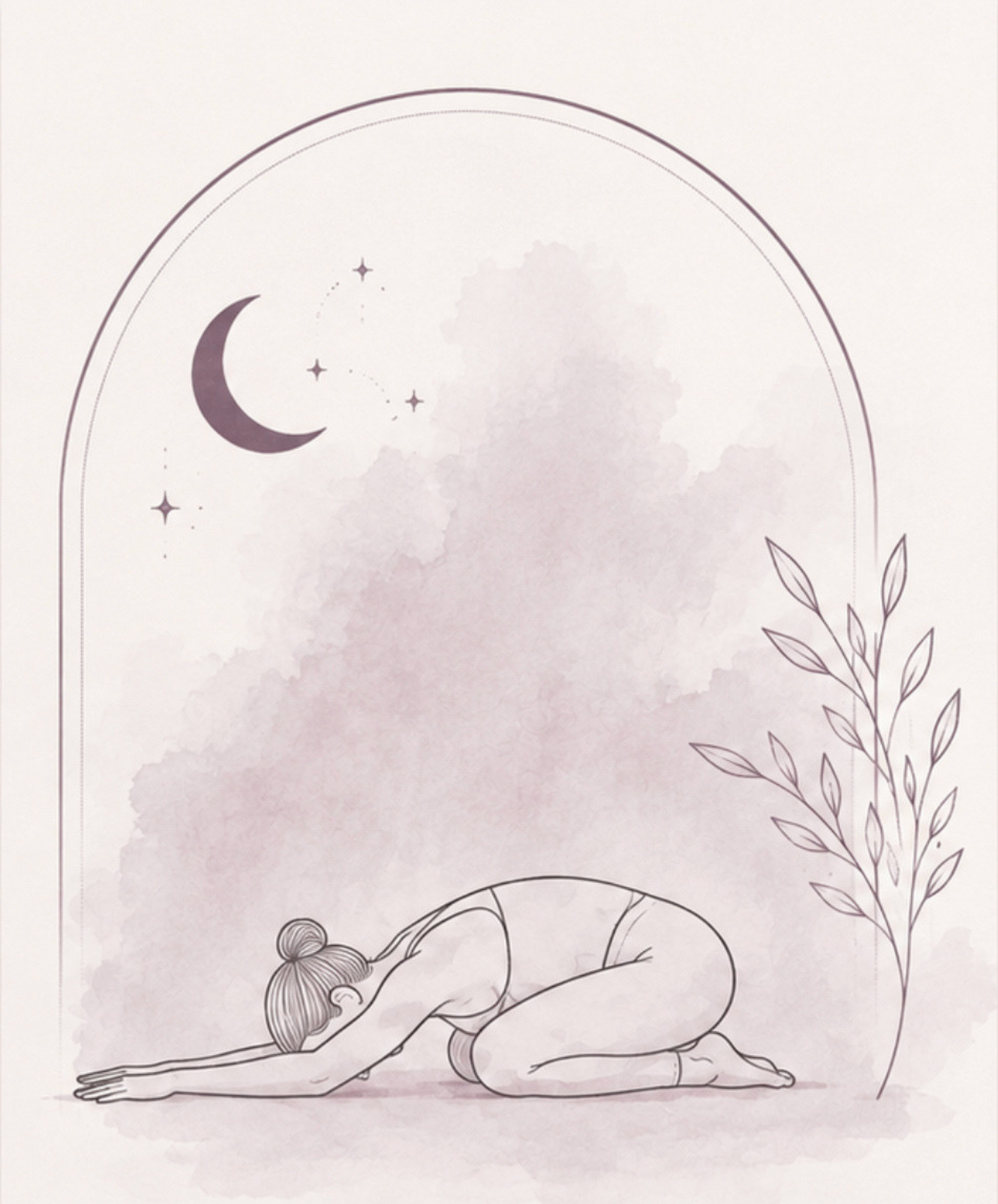 Linienzeichnung eines Menschen, der in Haltung eines Yoga-Poses (Balasana) kniend mit ausgestreckten Armen auf dem Boden liegt, neben einer Pflanze. Im Himmel ist eine Mondsichel und einige Sterne zu sehen.