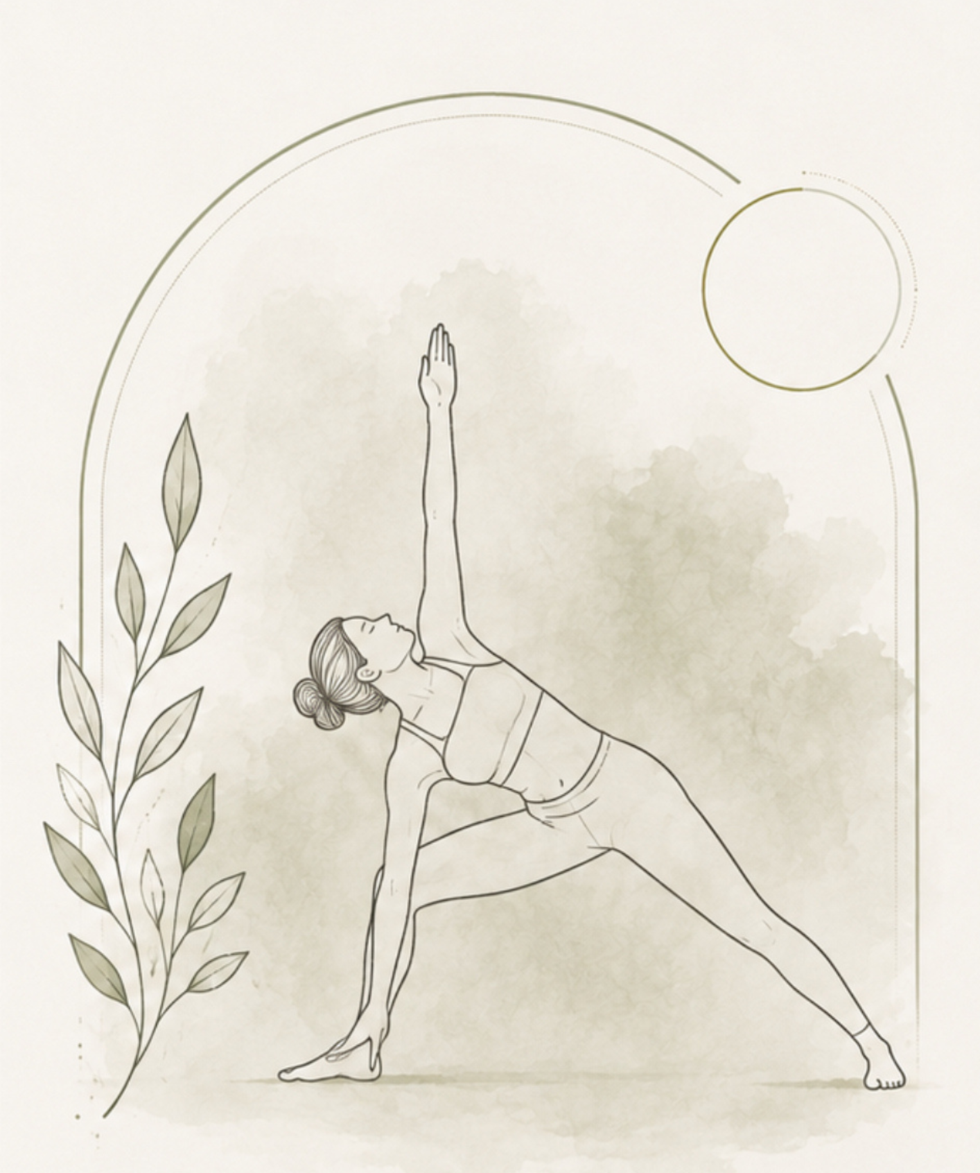 Skizzierte Frau in Yoga-Pose, die eine Dehnung im Ausfallschritt ausführt, umgeben von modernen Linien und Naturmotiven