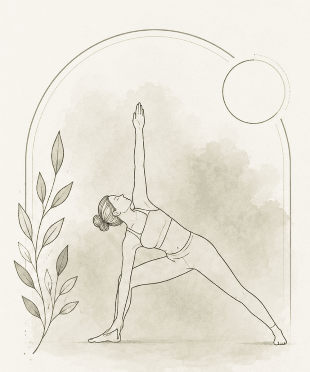 Skizzierte Illustration einer Frau beim Yoga in der Seitstellung, die eine Armhaltung einnimmt, mit Blätter und Sonnensymbol im Hintergrund.