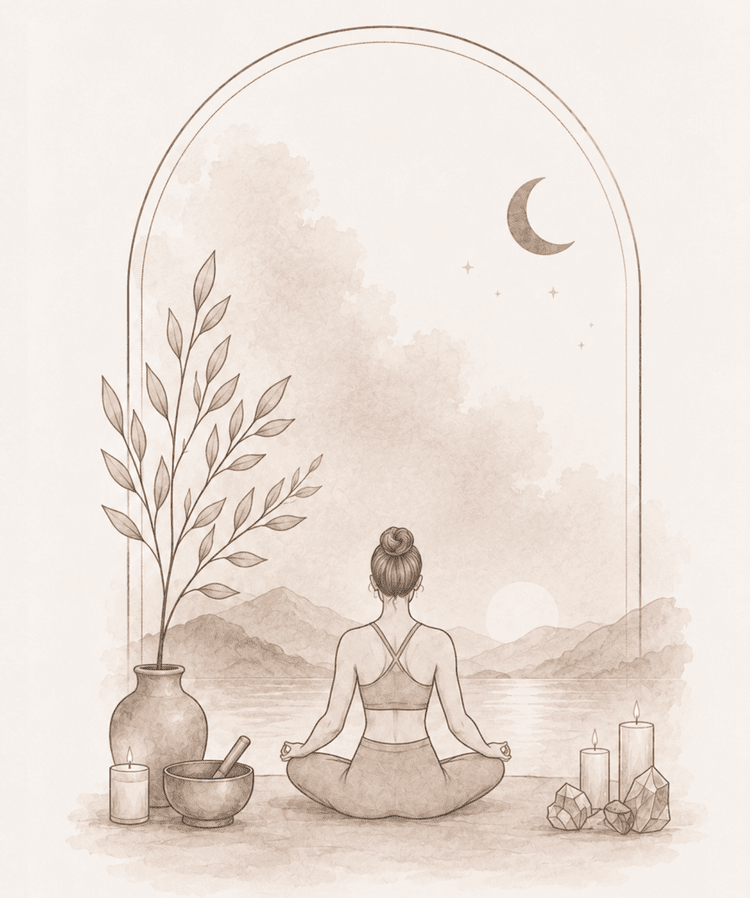 Eine Frau in einer Yoga-Pose sitzt vor einem Fenster, das einen Himmel mit Mond, Sternen und Bergen zeigt, umgeben von Kerzen, Kristallen, einer Pflanze, einer Schale und einem Mörser.