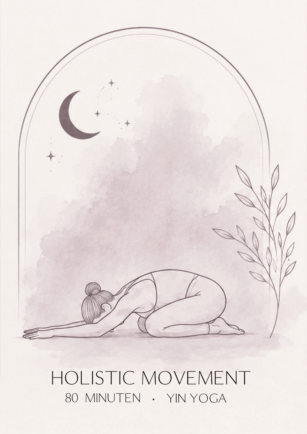 Illustration einer Frau in Kindhaltung während einer Yoga-Praxis, mit Mond und Sternen am Himmel und Pflanzen im Hintergrund.