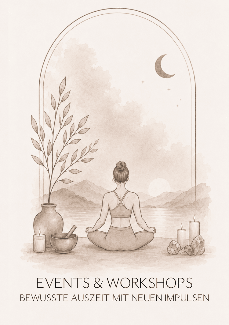 Skizze einer Frau beim Yoga in einer meditativ-ruhigen Umgebung mit Mond, Sternen, Kerzen, Steinen, Wasser und Berglandschaft im Hintergrund.