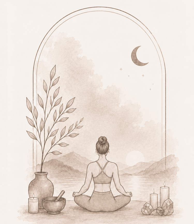 Eine stilisierte Illustration einer Frau, die im Lotussitz meditiert, vor einem offenen Fenster mit Blick auf Berge, Wasser und Himmel bei Nacht mit Mond, Sternen und Mondphasen. Es gibt Kerzen, eine Vase mit Zweigen, eine Schale mit einem Stößel und einige Kristalle.