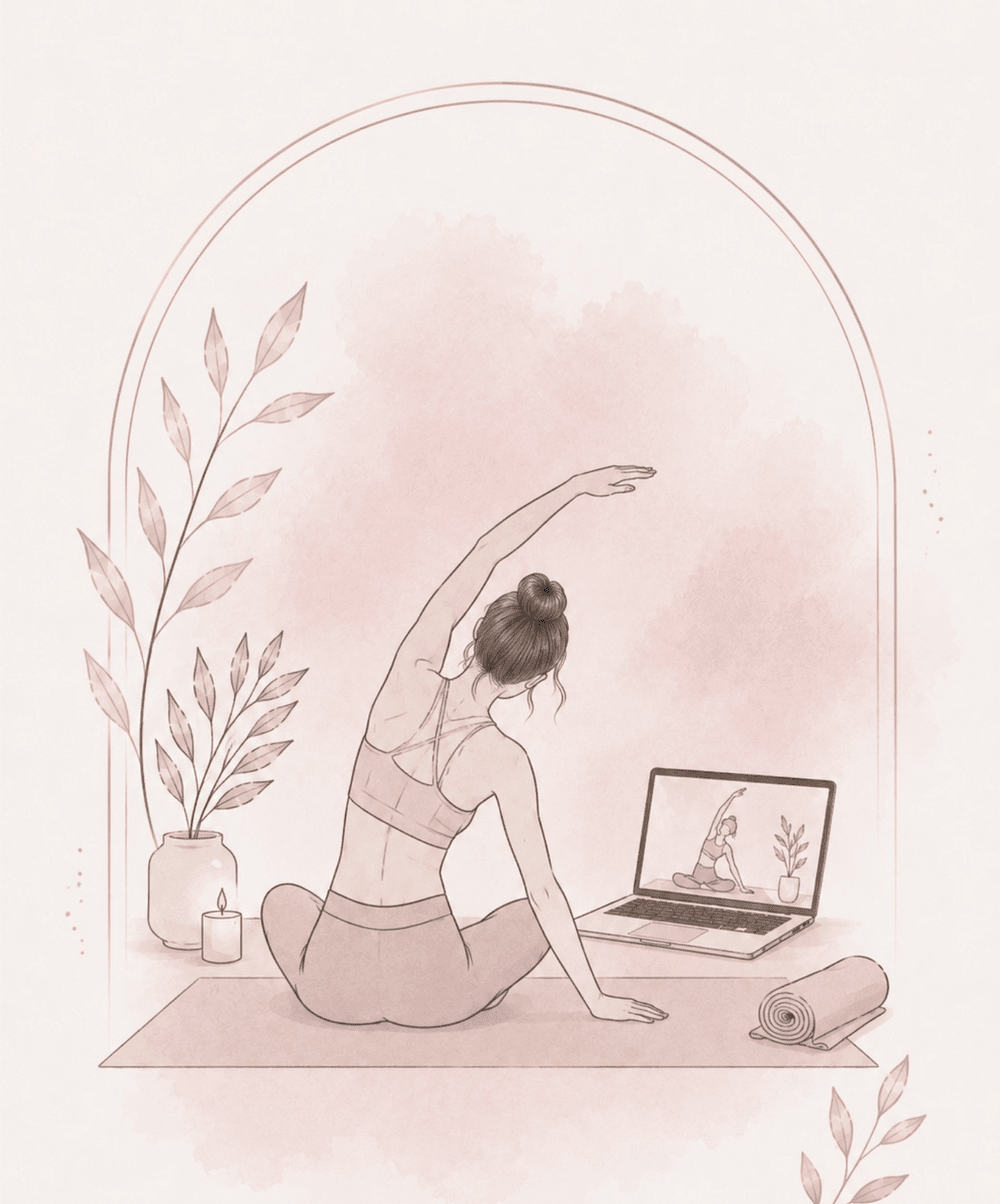 Illustration einer Frau, die auf einer Yogamatte sitzt und Yoga macht, während sie eine Yoga-Anleitung auf einem Laptop betrachtet.