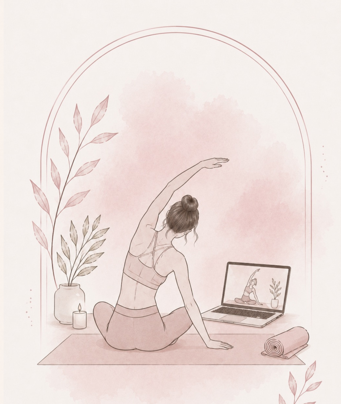 Eine Frau macht Yoga vor einem Laptop, während sie sich im Spiegel betrachtet. Es stehen eine Vase mit Pflanze, eine Kerze, eine Yogamatte und eine Rolle Yoga-Blanko auf dem Boden. Im Hintergrund ist eine große Pflanze und ein Wasserfarbenhintergrund.
