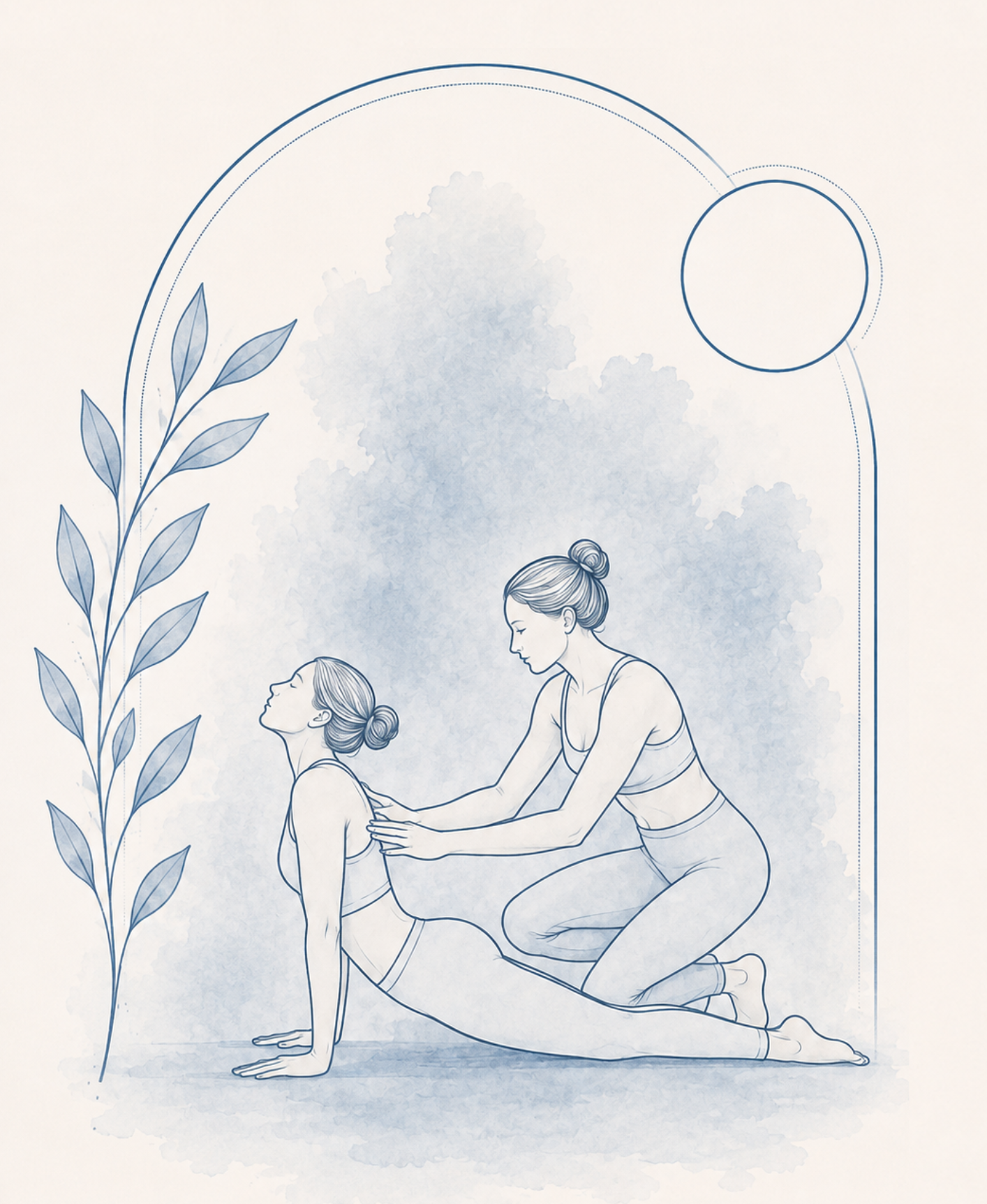 Skizze einer Yoga-Posen-Übung, bei der eine Person in Kniestand auf dem Boden kniet und die Hände auf die Schultern einer anderen Person legt, die sich in einen Schalen- oder Brücke-ähnlichen Zustand befindet.