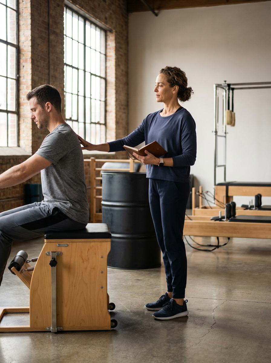 A woman spotting a man during a physical therapy or exercise session in a gym. The woman is holding a notebook and gently placing her hand on the man's shoulder, who is sitting on a wooden exercise box.