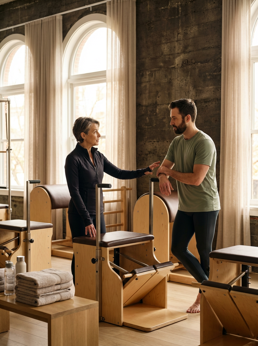 A woman providing physical guidance or instruction to a man in a Pilates or rehabilitation studio with specialized equipment, large windows, and natural light.