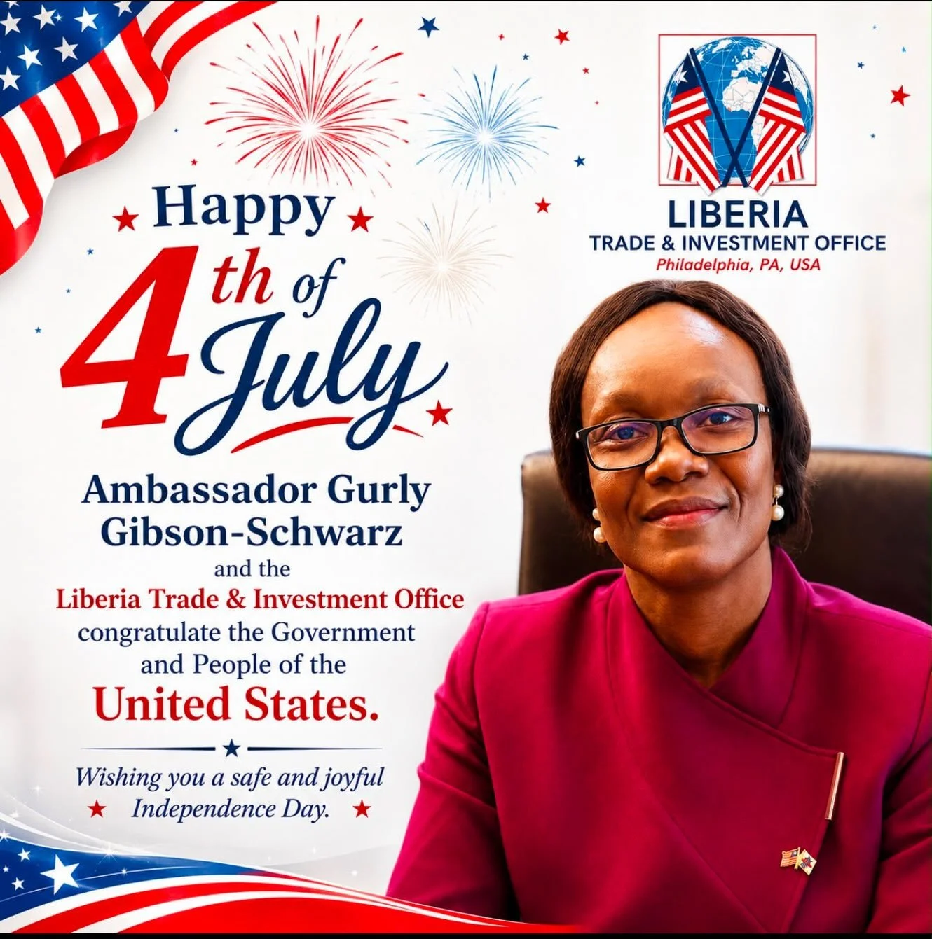Happy Fourth of July from the Liberia Trade &amp; Investment Office of Philadelphia! 🇱🇷🇺🇸

Today, we extend our warmest wishes to all Liberians living in the United States as they join in celebrating America&rsquo;s Independence Day.

This occasi