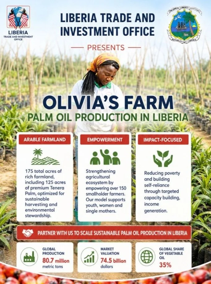 Investing in the Future of Liberia: Scaling Agriculture 🌾

We are incredibly proud to showcase Olivia&rsquo;s Farm, an excellent example of how commercial agriculture can drive profound socio-economic transformation.

Olivia&rsquo;s Farm is shaping 