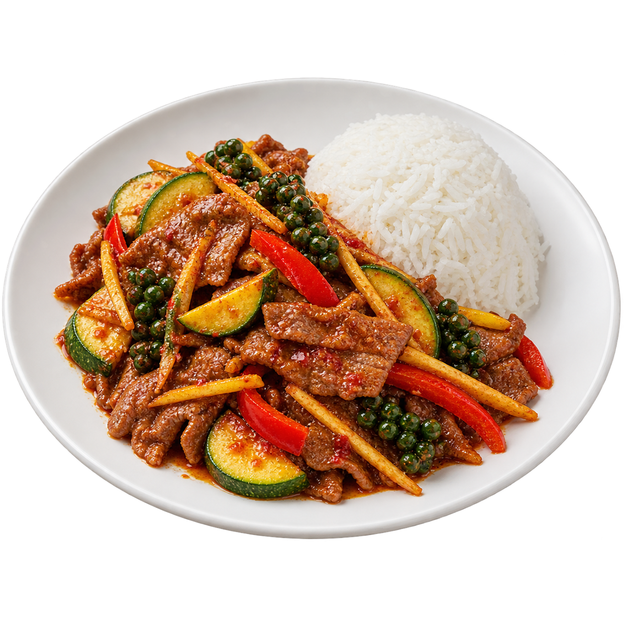 2. Spicy Stir-Fried Beef with Red Curry Paste and Jasmine Rice 🌶️🌶️