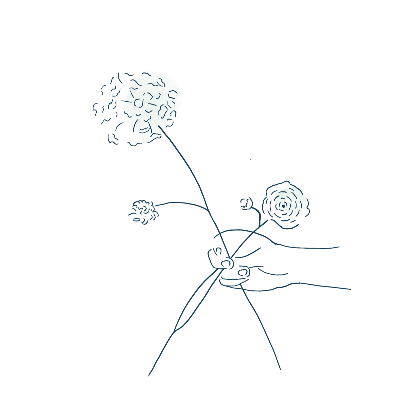 Hand, die eine Blume hält, mit einer Illustration eines menschlichen Kopfes, der mit der Blume verbunden ist.