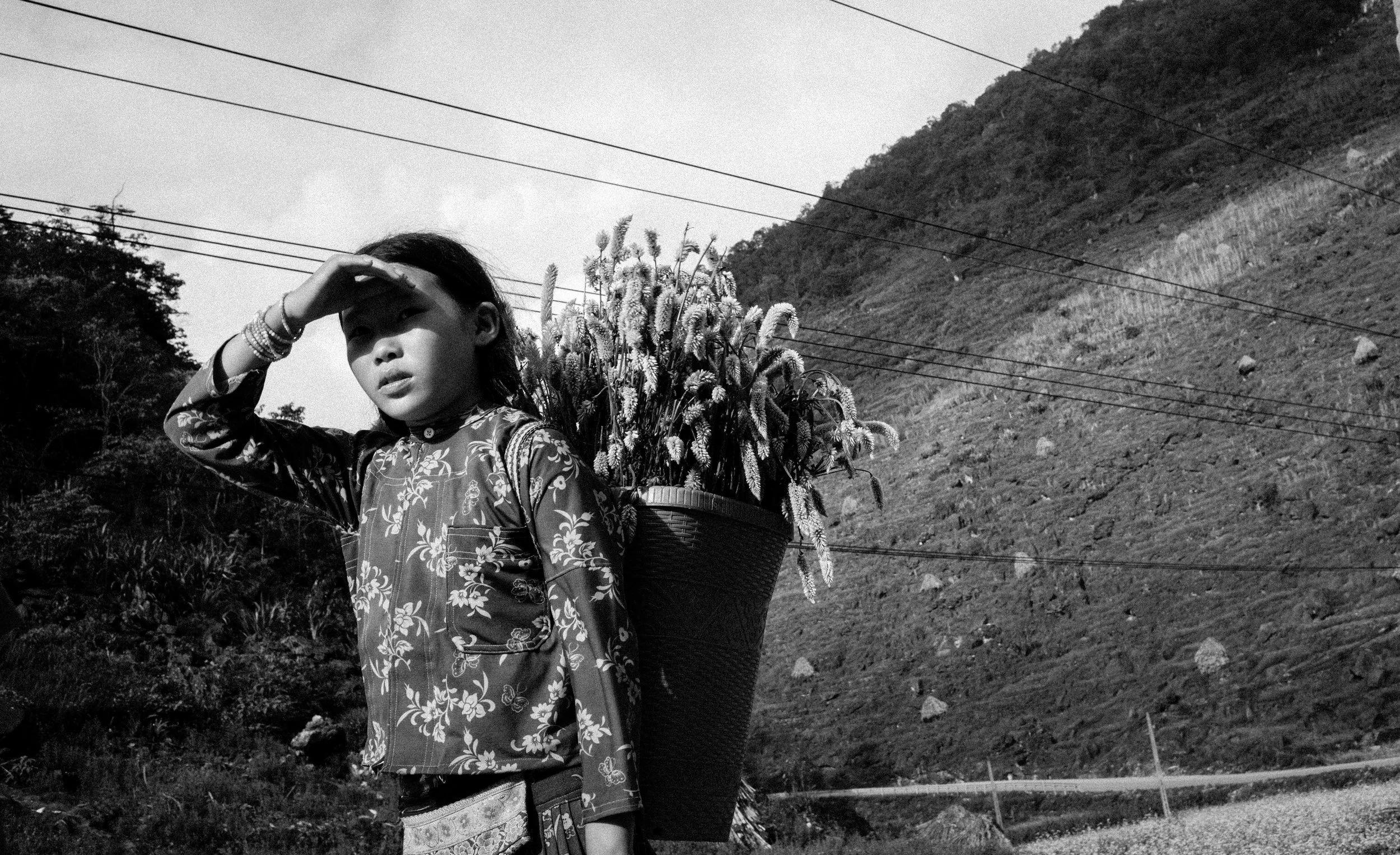 Niña con puesto de flores en la espalda, en un entorno montañoso y con líneas eléctricas en el cielo.