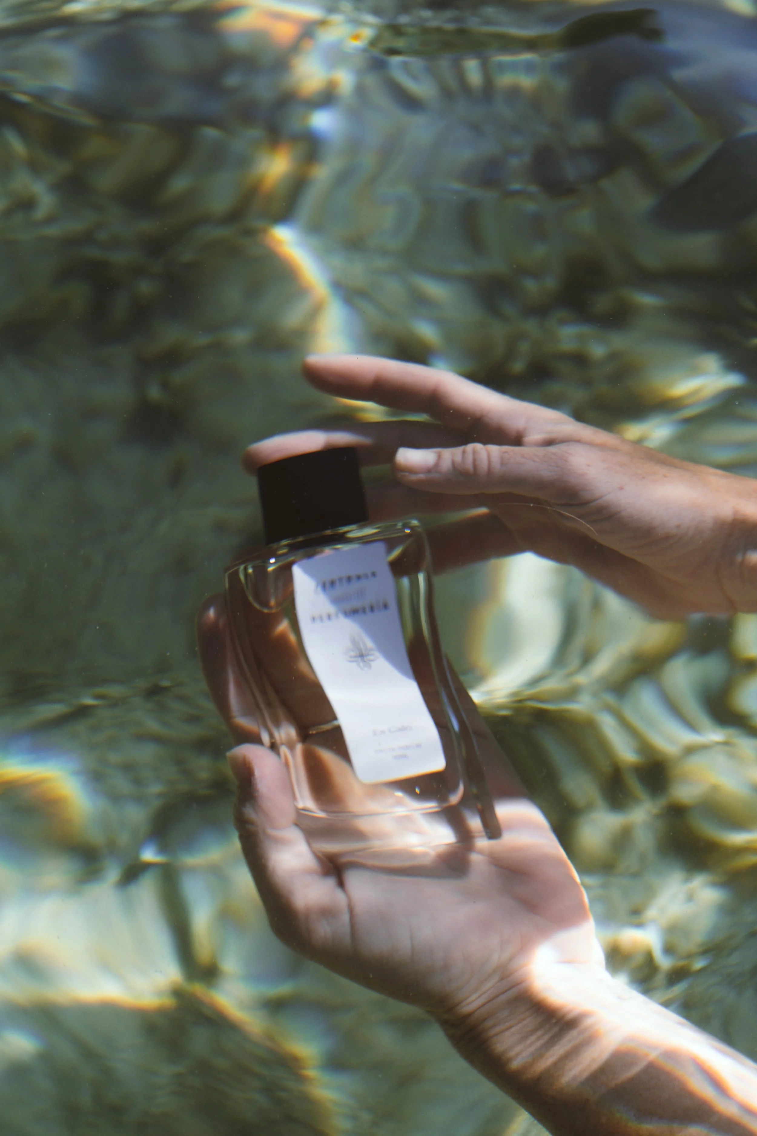 Una mano sostiene un frasco de perfume en medio del agua, con peces visibles en el fondo.