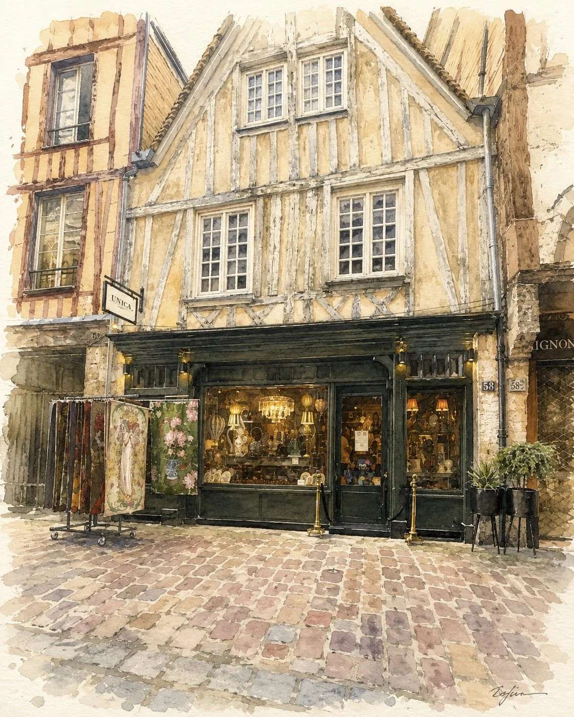 Une boutique d'antiquités ou d'objets décoratifs dans une rue pavée, avec une façade en style ancien, fenêtres à petits carreaux, et une vitrine illuminée exposant des lampes et des décorations en verre. À gauche, un stand avec des textiles ou des tapis.
