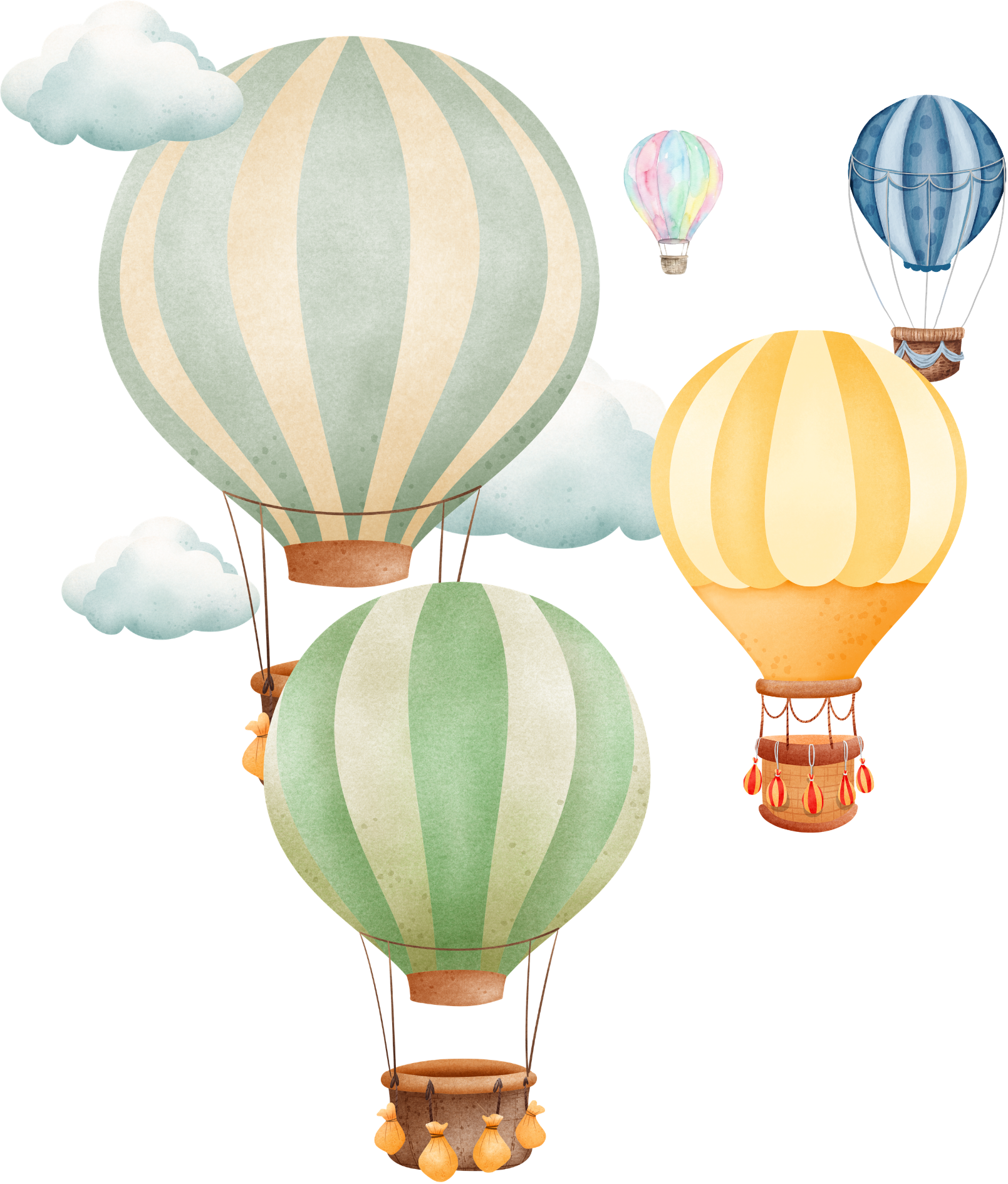 Ballons en forme de montgolfière en pastel, avec des nuages blancs autour, décorés de motifs variés et attachés à des paniers en fil de fer et bois, rappelant un ciel fantastique.