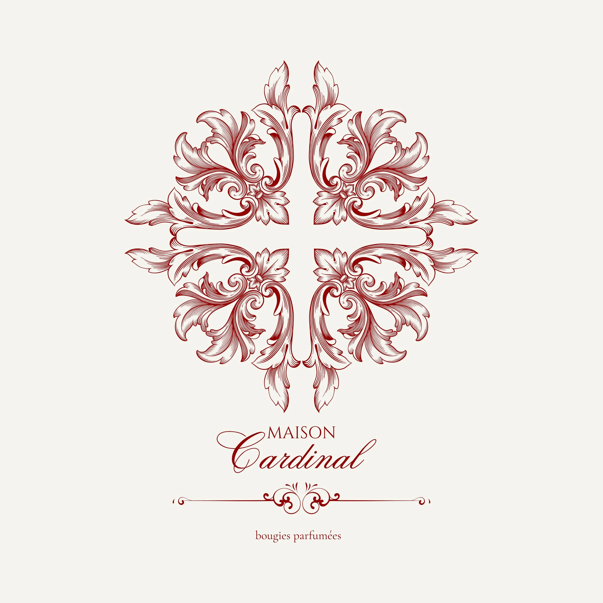 Une affiche élégante avec un motif floral en rouge, indiquant 'Maison Cardinal' avec le sous-titre 'bougies parfumées'.