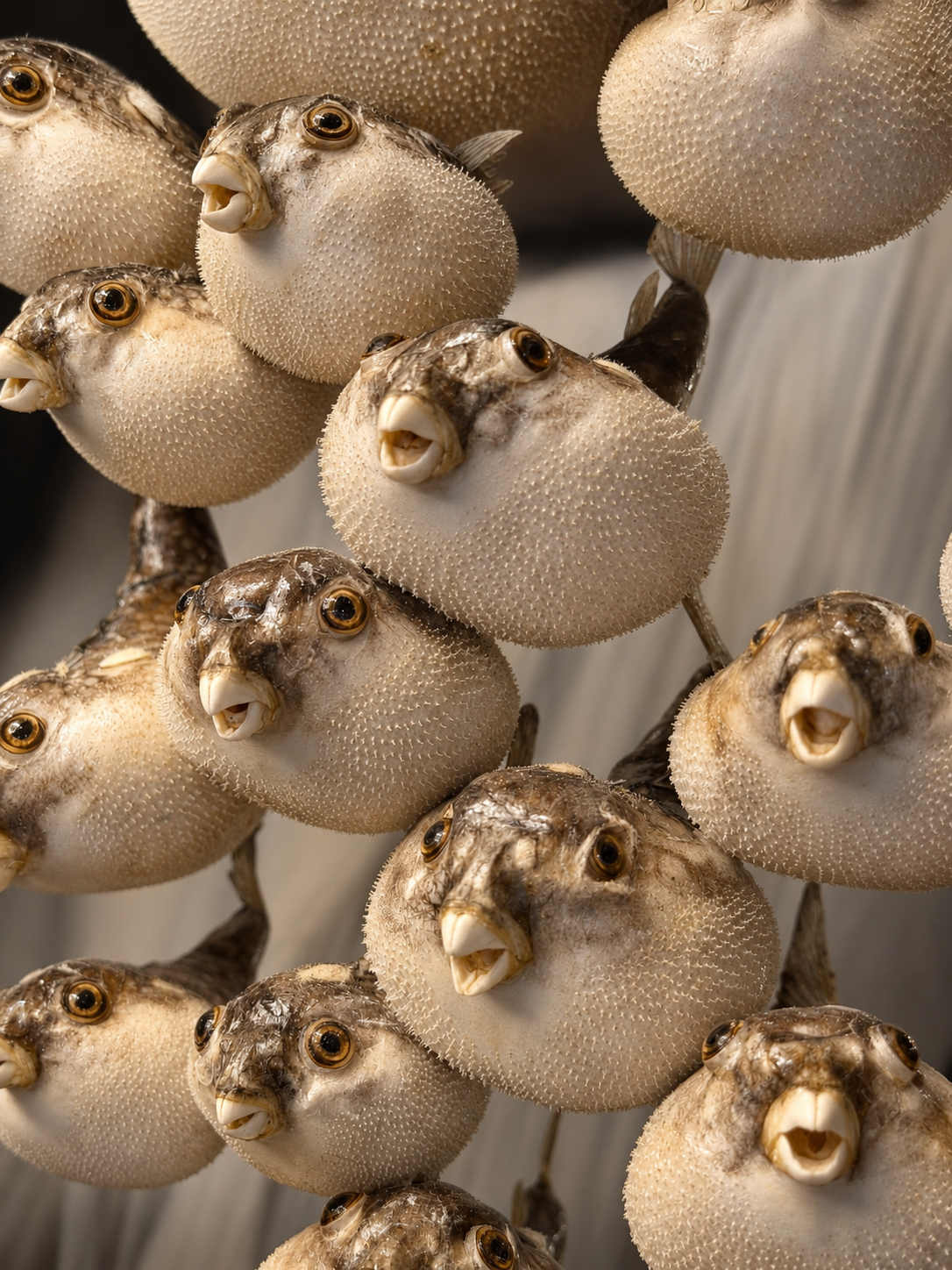Groupe de poisson puffer avec des corps sphériques recouverts de petites bosses, présentant des visages avec des bouches ouvertes et des yeux ronds.