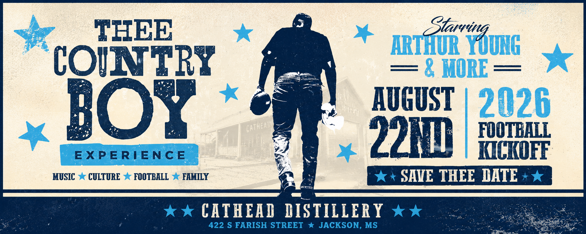 Poster for a Outdoor R&B/Southern Soul concert. Scheduled for August 22, 2026, at Cathead Distillery, Jackson, Mississippi, with themes of music, culture, football, and family, emphasizing a football kickoff experience.