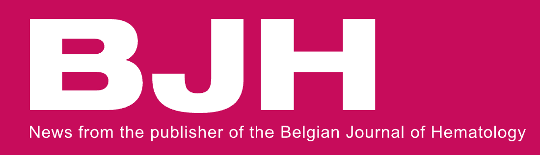 Logo with large white letters B-J-H on a pink background, with smaller white text underneath reading 'News from the publisher of the Belgian Journal of Hematology'.