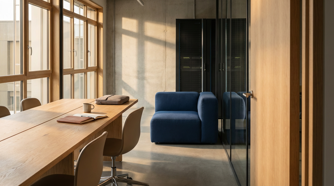 Modern meeting room with large wooden table, beige chairs, a blue sofa, and black storage cabinets, illuminated by natural sunlight through large wooden-framed windows.