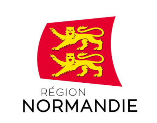 Logo de la région Normandie avec deux lions dorés sur fond rouge et le texte 'RÉGION NORMANDIE' en dessous.