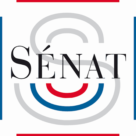 Logo du Sénat français avec le mot 'SÉNAT' et des éléments graphiques en rouge, blanc et bleu.