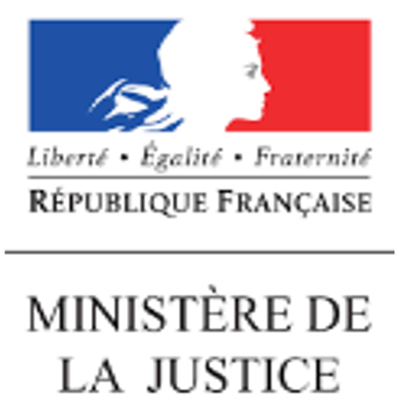 Logo de la République française avec drapeaux bleu, blanc, rouge, et texte officiel du ministère de la Justice.