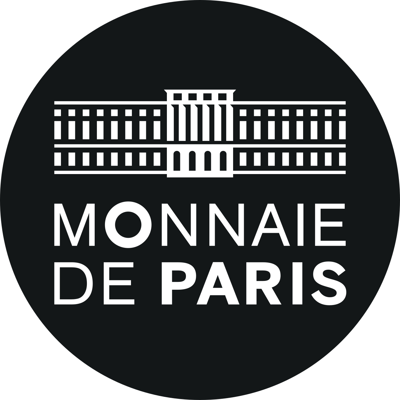 Logo noir avec illustration d'un bâtiment emblématique de Paris et le texte "Monnaie de Paris" en blanc.