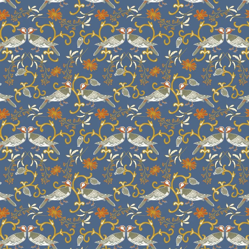 Pattern featuring pairs of birds, possibly ducks, surrounded by ornate branches, leaves, and flowers on a blue background.