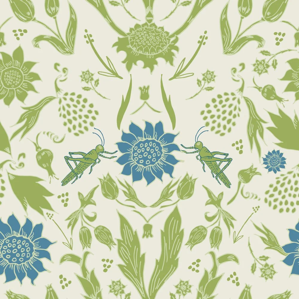 Pattern featuring green and blue flowers, leaves, insects, and botanical elements on a light background.