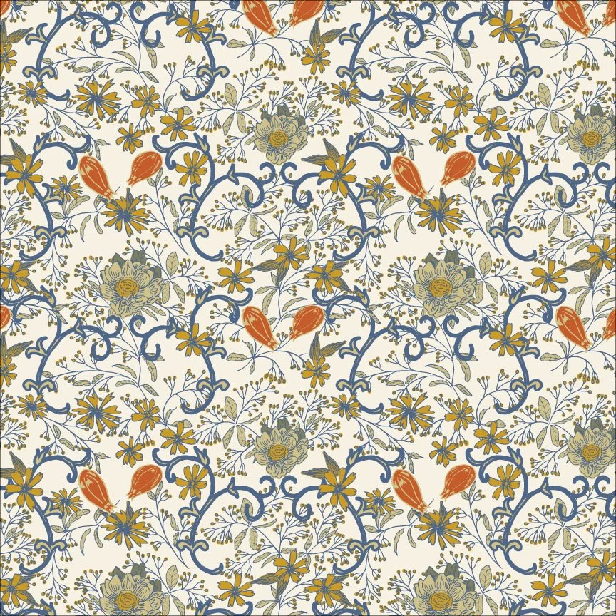 Hand-drawn Arts & Crafts floral on Warm Cream Background 11-inch repeat
