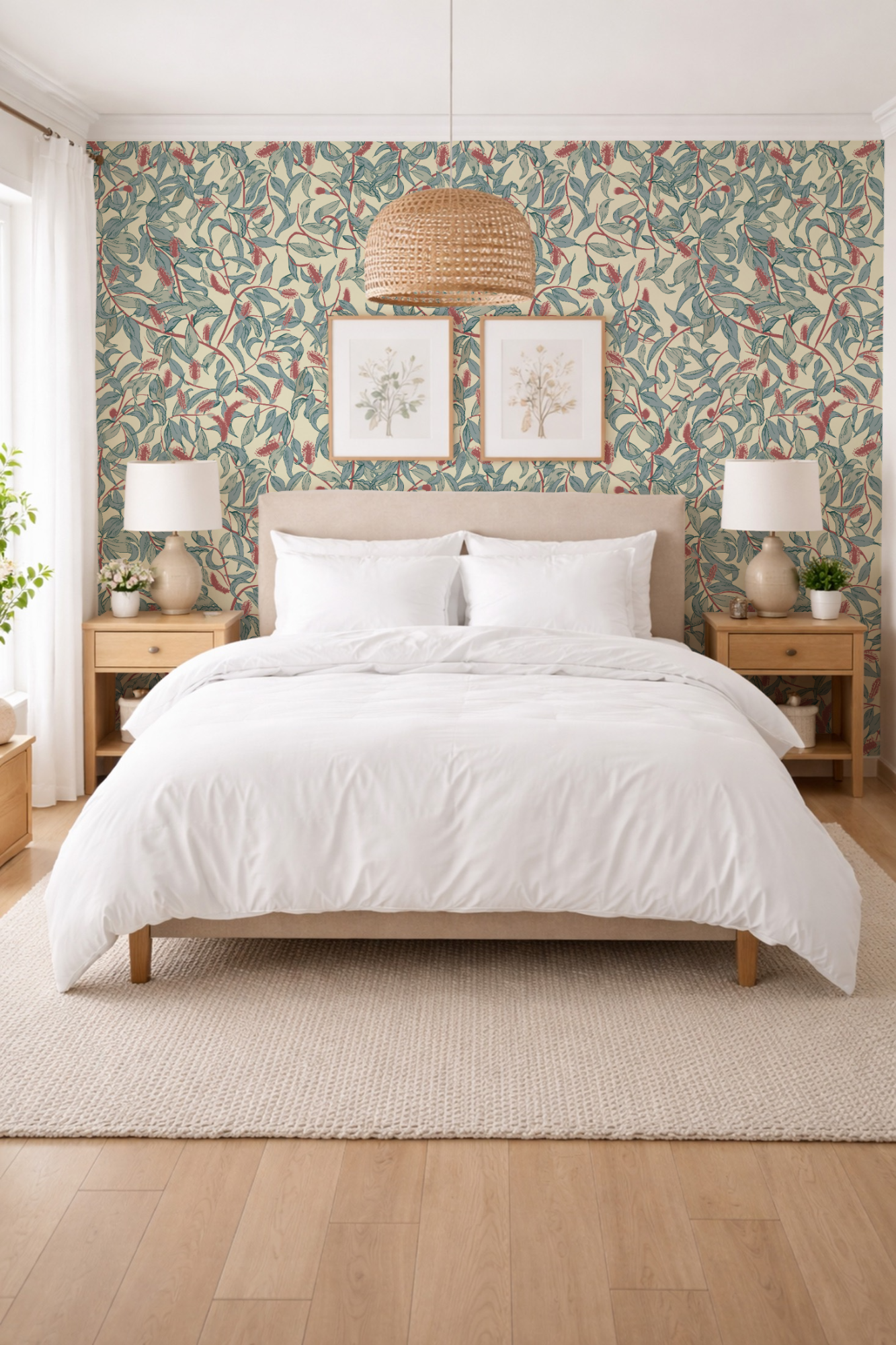 Marsh Dream willow wallpaper in a calm bedroom