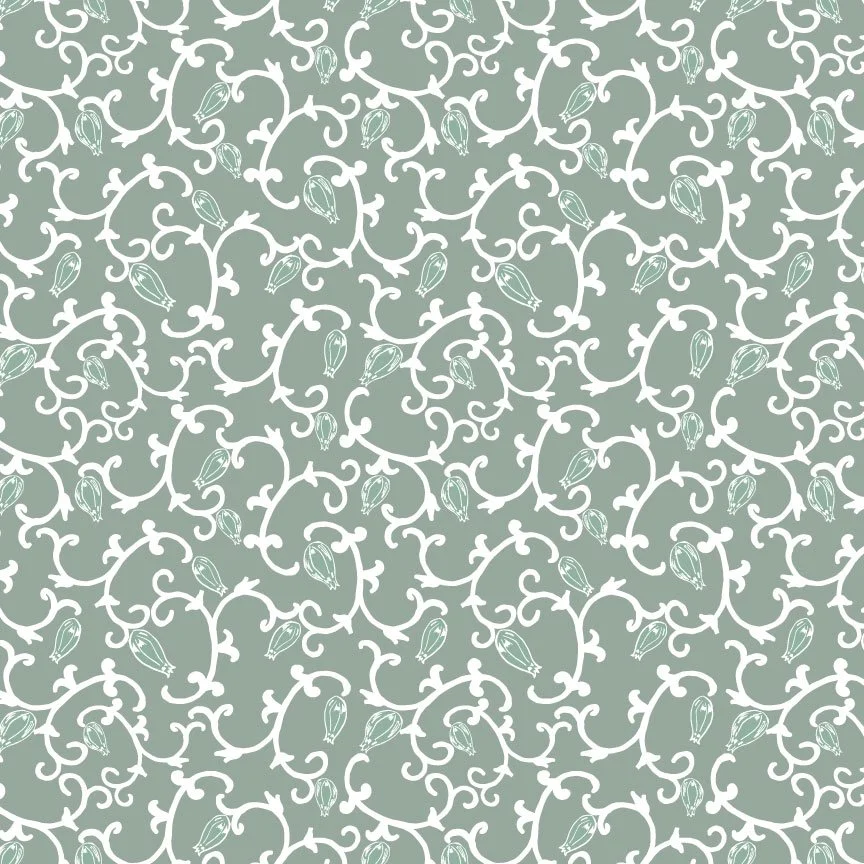 A patterned background with white ornate floral scrollwork and small flower buds on a muted teal backdrop.