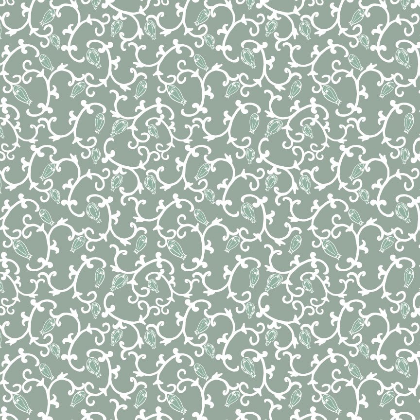 A seamless pattern with white vine-like swirls and small light green seed pod illustrations on a muted green background.