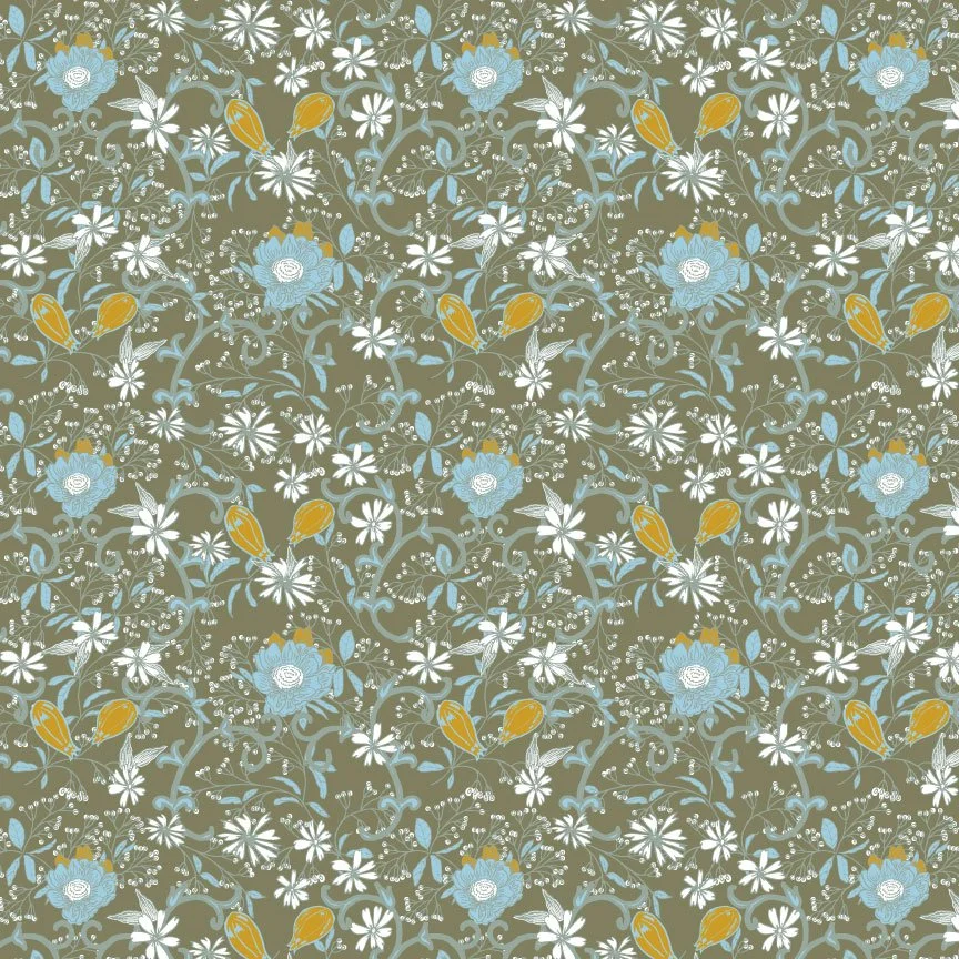 Close-up of a floral patterned fabric with blue roses, white daisies, and yellow buds on a muted gray-green background.