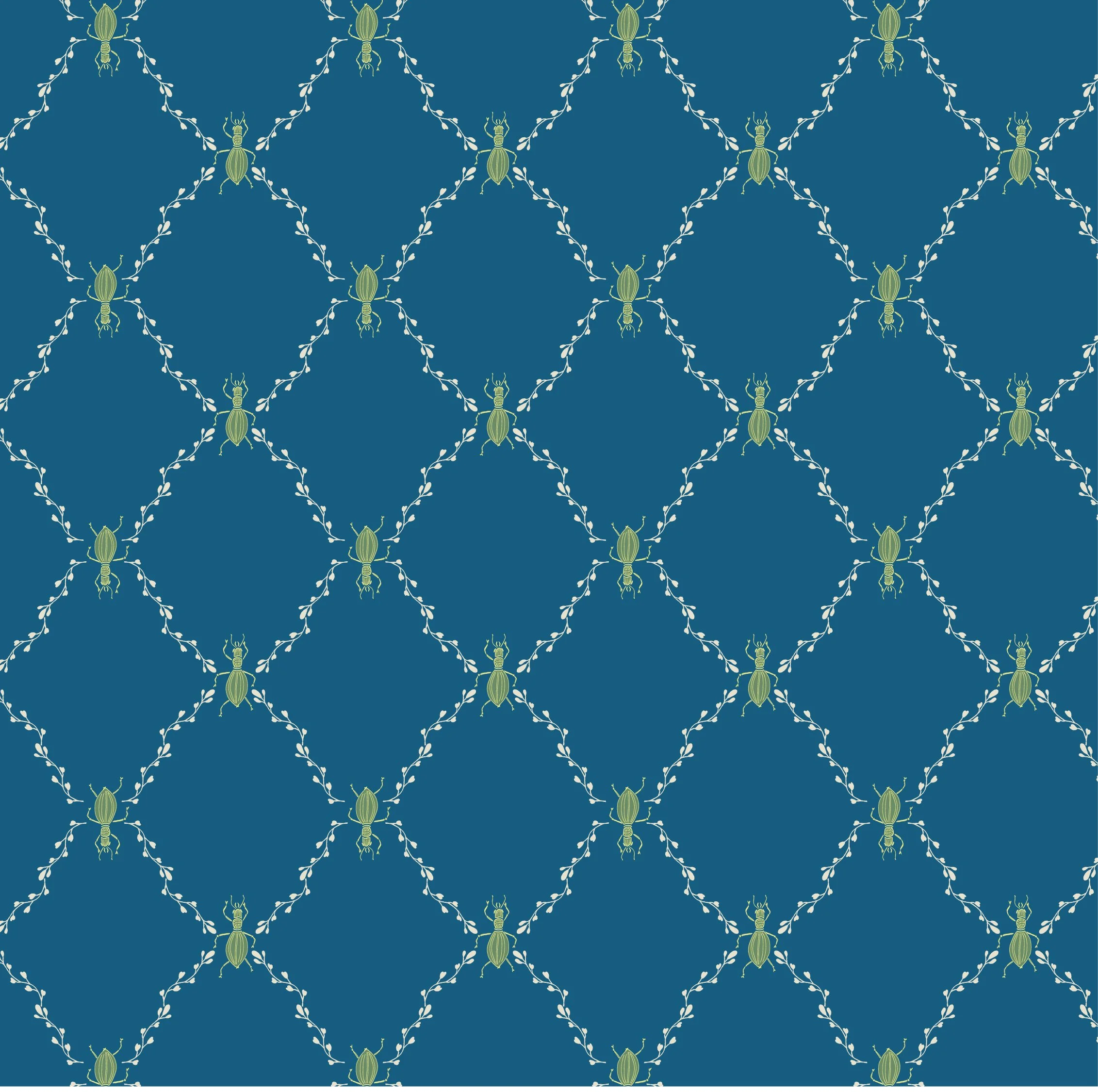 Pattern of green beetles connected by white leaves on a blue background.