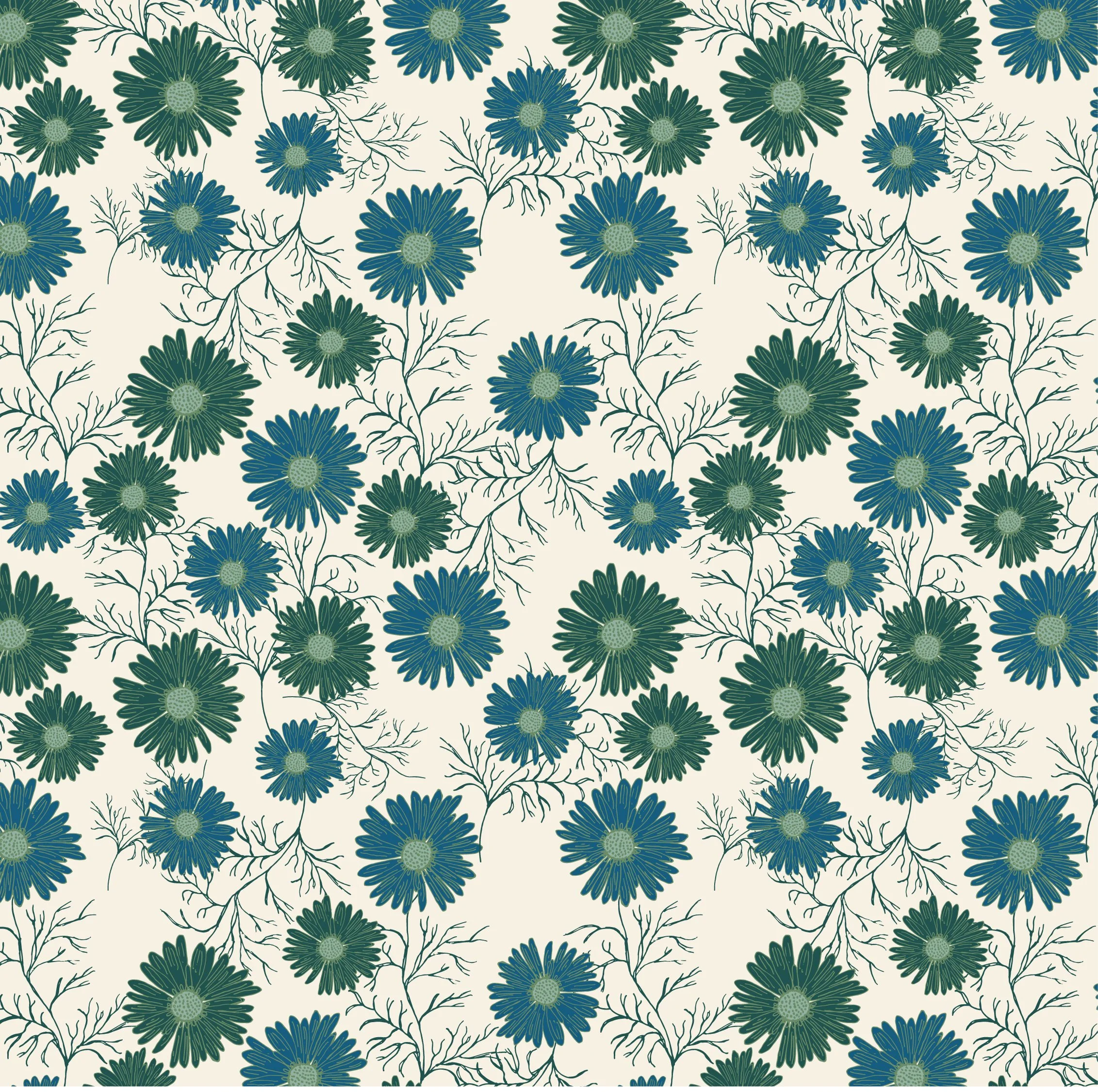 A repeating pattern of dark blue and green flowers with light green centers, interspersed with thin, black, branch-like lines, on a light beige background.