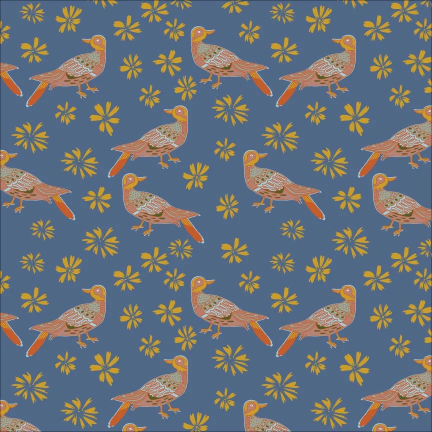 Pattern of ducks and yellow flowers on a blue background.