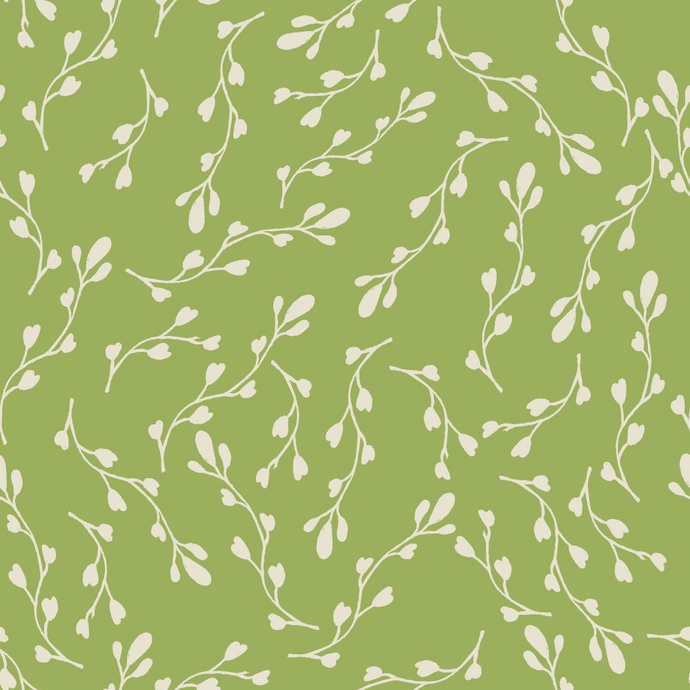 Pattern of white botanical illustrations on a green background.
