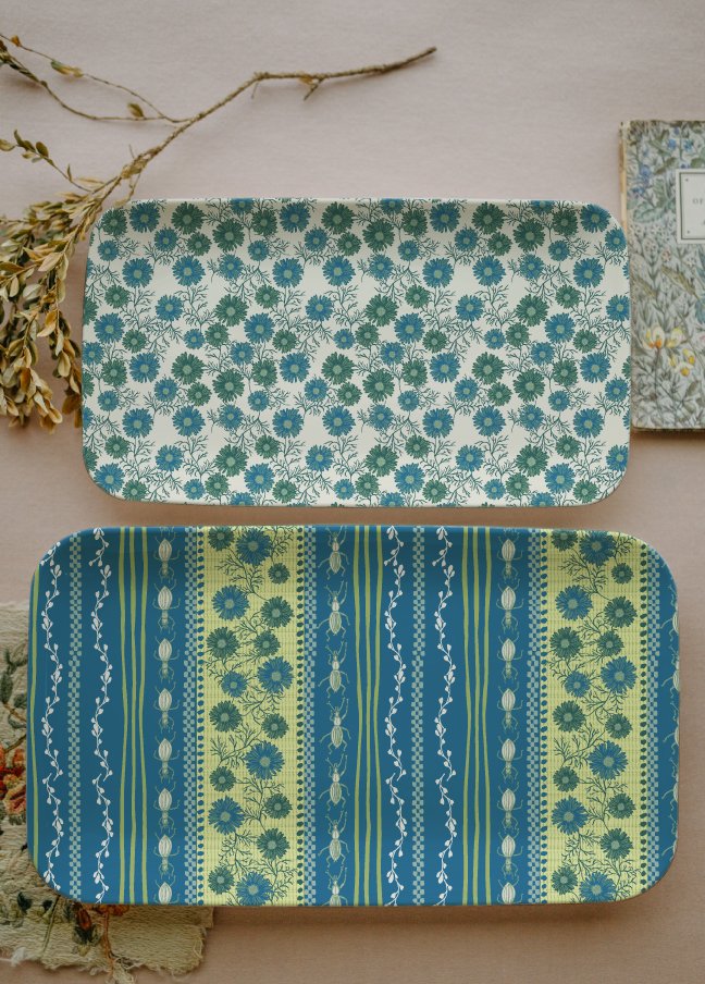 Beetles and cosmos in retro blues, lime green and citrus are perfect for home goods, stationery, gift wrap & home decor.