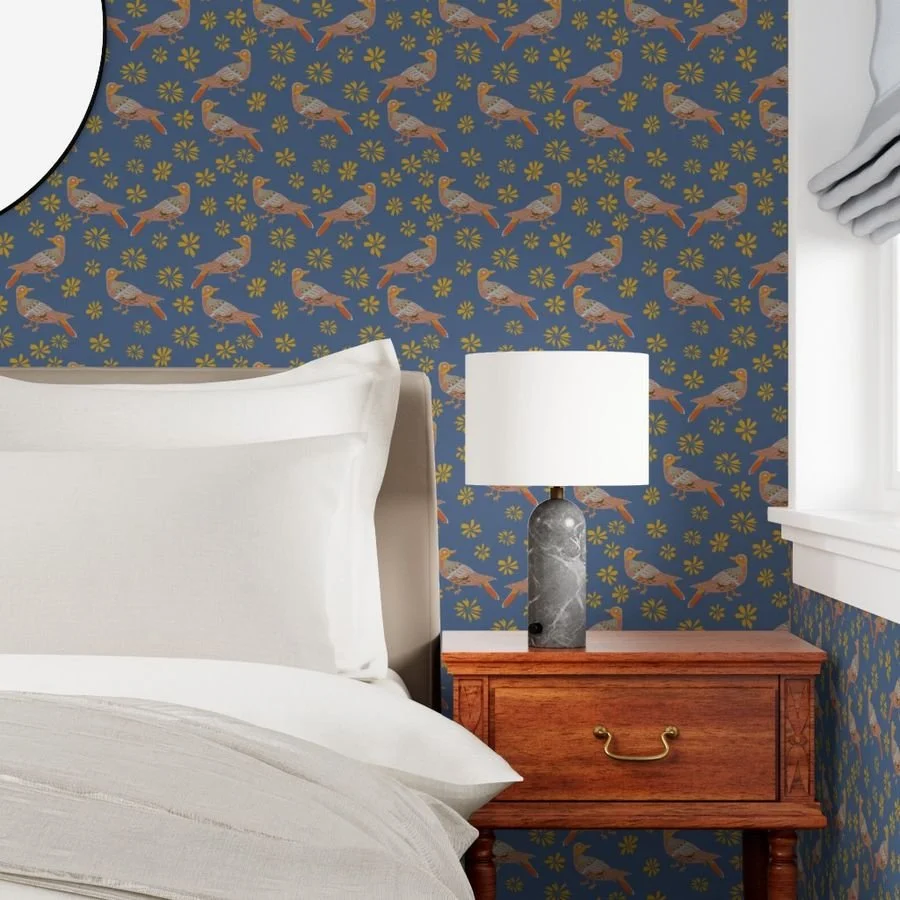 Deep blue wallpaper with art nouveau bird pattern. Inspired by William Morris.