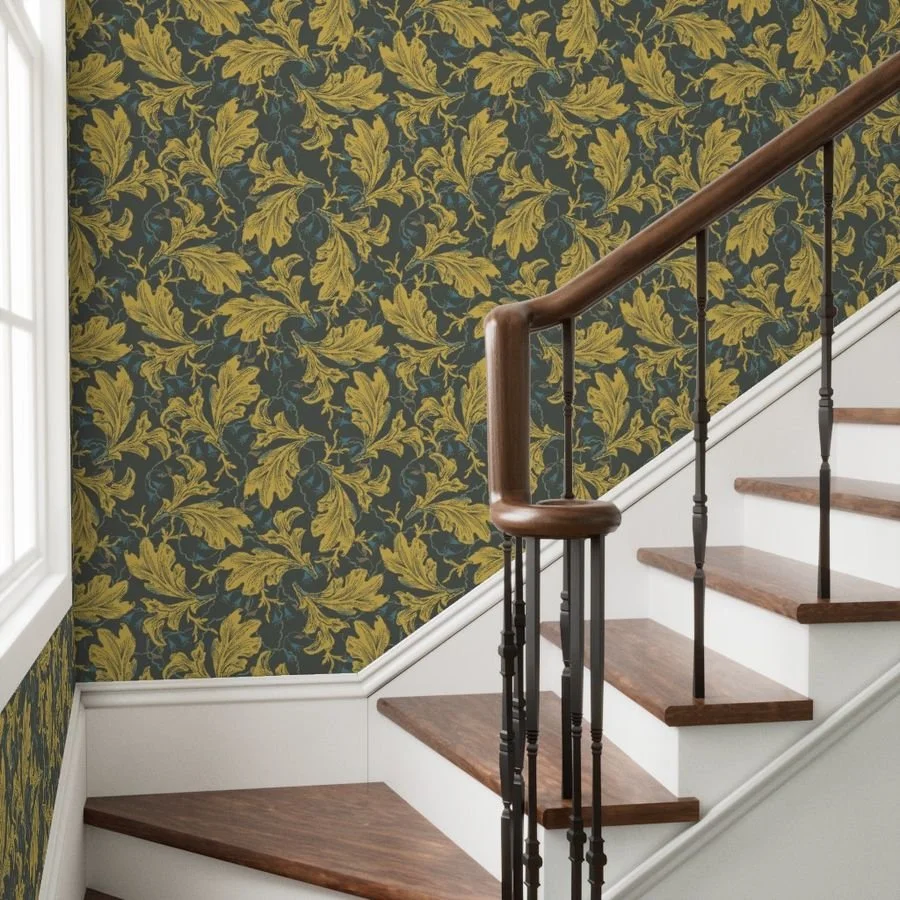 ochre grey acanthus wallpaper on stairway sf.jpeg