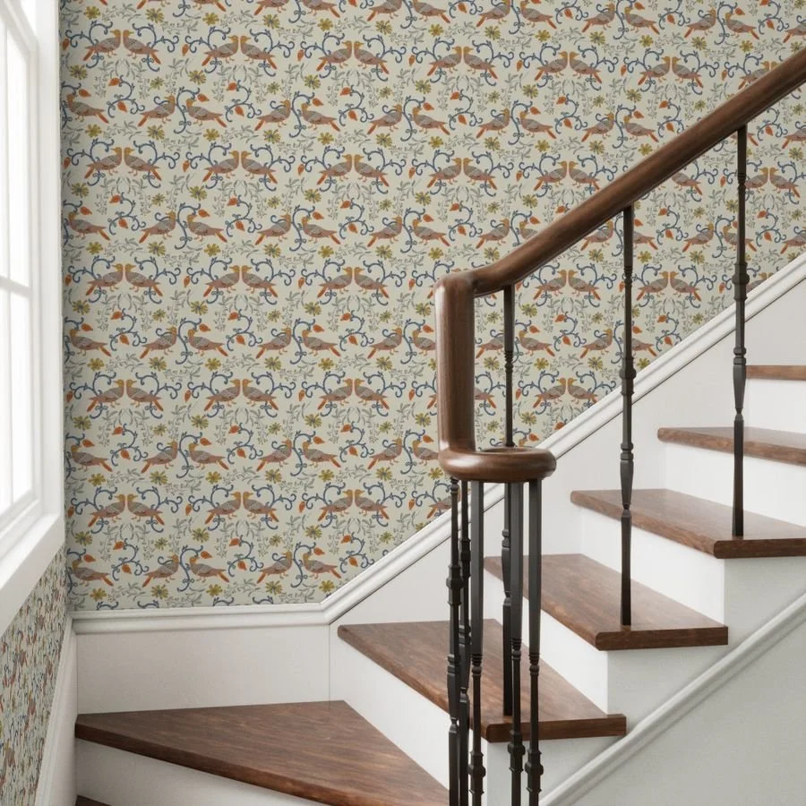 Elegant, Art Nouveau bird motif wallpaper in an heritage color palette.