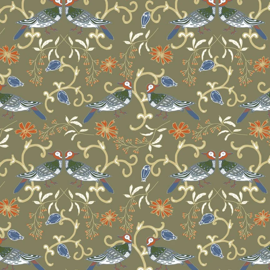 Pattern of stylized ducks, flowers, and swirling branches on a muted green background.