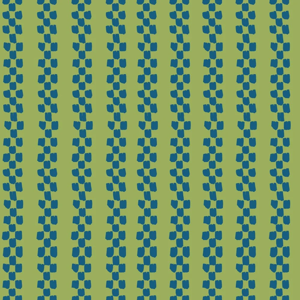 Hand painted cubes make a unique ticking design of lime green and deep teal blue for quilting blender and accent fabric.
