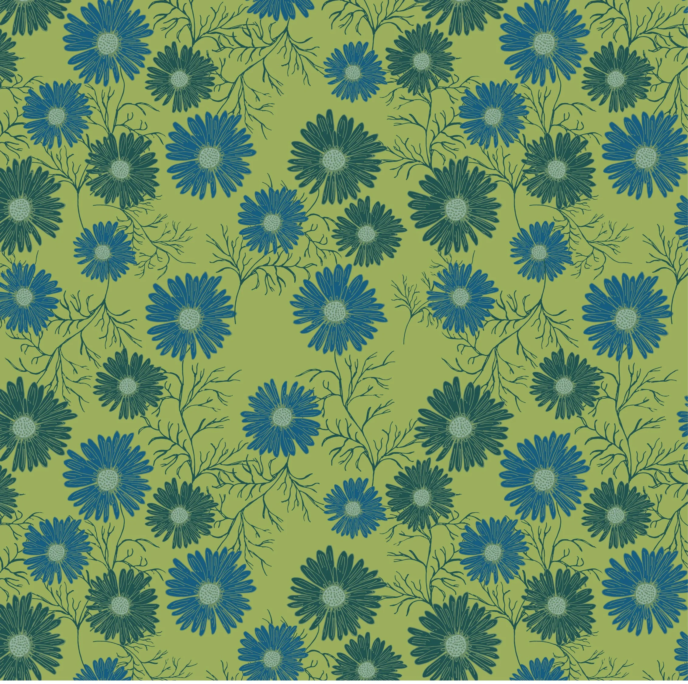 Pattern of blue flowers with green centers and dark green stems and leaves on a light green background.