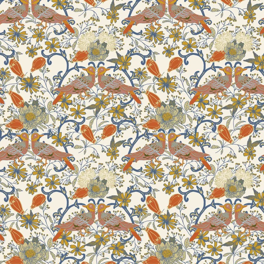 A decorative floral pattern with birds and flowers, featuring blue, orange, and cream colors, repeating across the fabric.