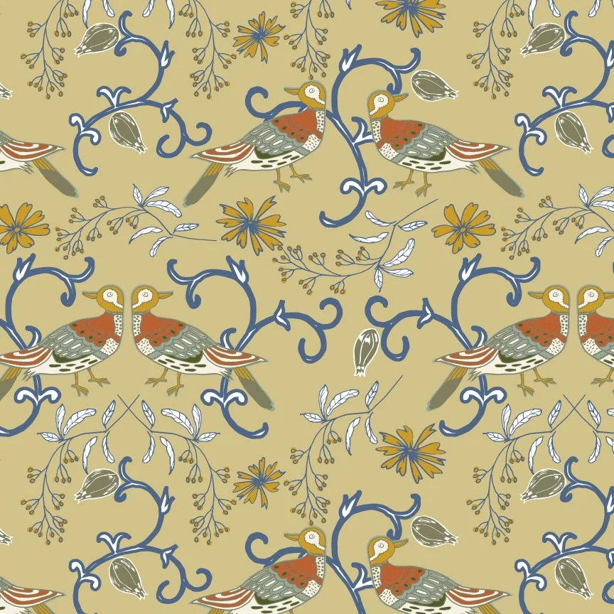 Pattern features stylized birds with orange, gray, and white feathers, surrounded by blue twisting branches, yellow and blue flowers, and leaves on a tan background.
