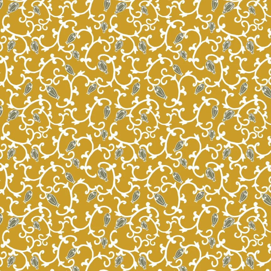 Pattern with white floral vine design and gray seed pods on a mustard yellow background.